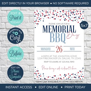 K&ouml;nnte beinhalten: Eine druckbare Einladung im Format 5x7 Zoll f&uuml;r ein Memorial Day BBQ. Die Einladung zeigt ein rotes, wei&szlig;es und blaues Konfetti-Muster, den Text "Memorial Day BBQ" und das Datum "Montag, 26. Mai".