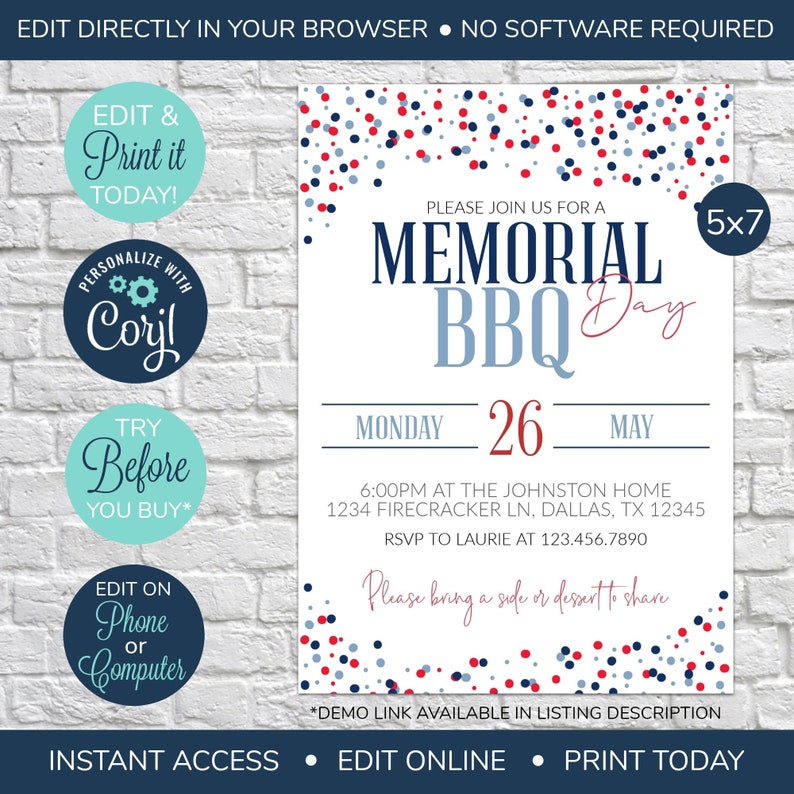 K&ouml;nnte beinhalten: Eine druckbare Einladung im Format 5x7 Zoll f&uuml;r ein Memorial Day BBQ. Die Einladung zeigt ein rotes, wei&szlig;es und blaues Konfetti-Muster, den Text "Memorial Day BBQ" und das Datum "Montag, 26. Mai".