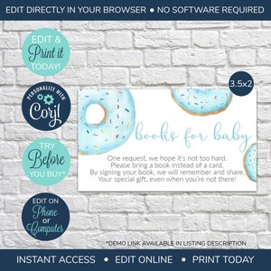 Donut MODIFIABLE Apportez un hors-texte, Stockez la bibliothèque, Livres pour bébé, Stockez la bibliothèque de bébé, Au lieu d'une carte, Bébé garçon, Donut Baby Shower