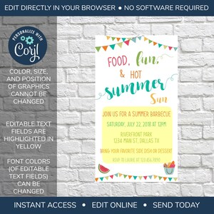 May include: A colorful invitation for a summer barbecue with the text "Food, fun & hot summer sun". The invitation includes details about the event, including the date, time, location, and RSVP information.