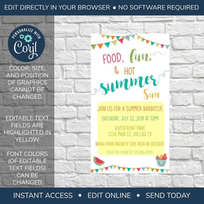 May include: A colorful invitation for a summer barbecue with the text "Food, fun & hot summer sun". The invitation includes details about the event, including the date, time, location, and RSVP information.