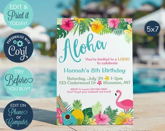 Invitaciones de cumpleaños de Luau editables, invitaciones de piña Aloha, invitación de cumpleaños de verano, cumpleaños de adultos, cumpleaños de niños, fiesta temática hawaiana