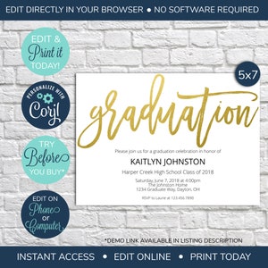 EDITABLE Gold Class of 2025, Graduation Open House Invitation, Graduation Invitation, Graduation Party, High School, College Graduation