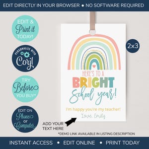 EDITABLE Here&#39;s to a Bright School Year Tag, Back To School Year Tag, Rainbow tag, Appreciation Tag, Teacher Tag, First Day of School