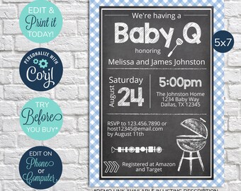 EDITABLE Baby Q Invitation, Boy Baby Shower, Backyard BBQ Invitation, Baby Shower Barbeque Invitation, Couples Baby Shower, Blue