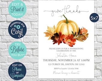 EDITABLE Thanksgiving Party Invitation, Friendsgiving Invitation, Pumpkin Invites, Dinner Party Invitation, Holiday Party Invitation