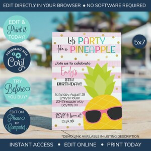 EDITABLE Pineapple Birthday Invitation, Party like a pineapple, Pineapple Invite, Adult Birthday, Kid&#39;s Birthday Invitations, Hawaiian Theme