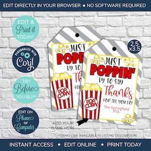 EDITABLE Popcorn Appreciation Gift Tag, Teacher Staff Employee School Appreciation Week Gift, Appreciation Tag, Health Care Worker, Nurse