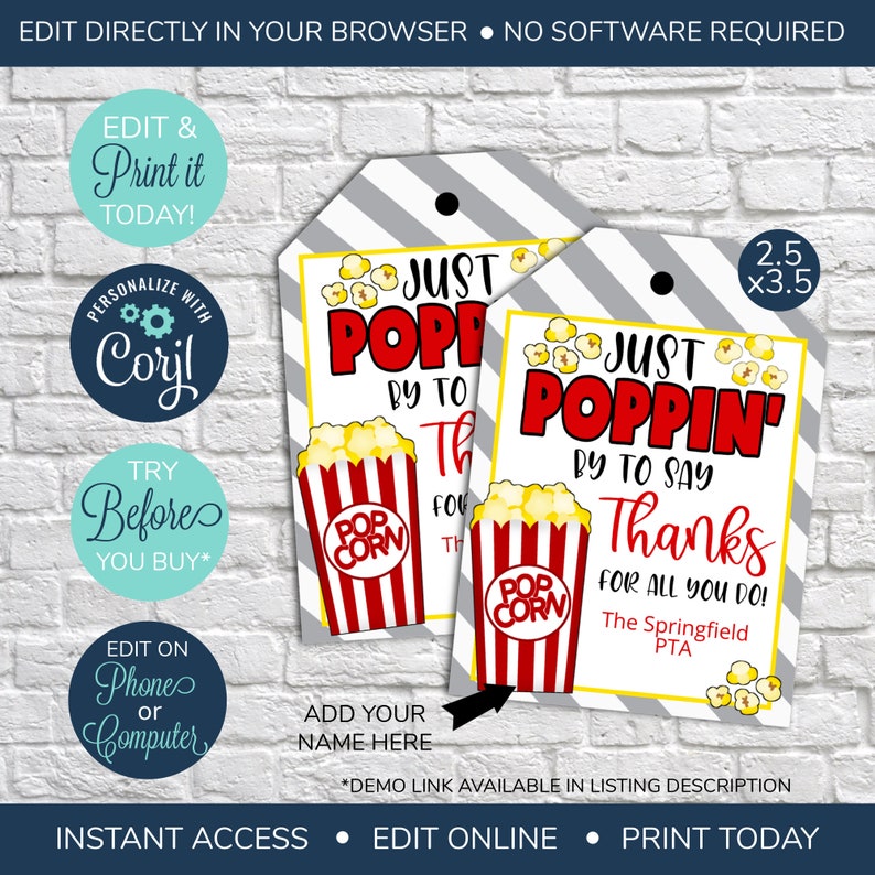 EDITABLE Popcorn Appreciation Gift Tag, Teacher Staff Employee School ...