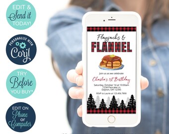 May include: A digital invitation for a 1st birthday party with a red and black buffalo plaid background. The invitation features a cartoon illustration of pancakes with syrup and the text "Flapjacks & Flannel". The text "Join us as we celebrate Charlie's 1st Birthday" is also included, along with the date, time, location, and RSVP information.
