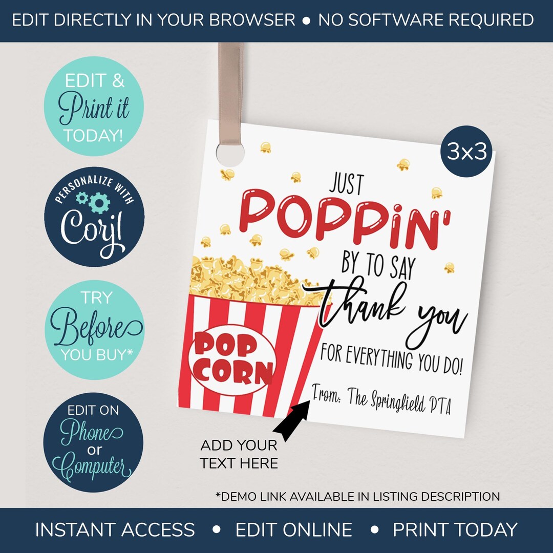 Buy EDITABLE Popcorn Appreciation Gift Tag, Teacher Staff Employee ...