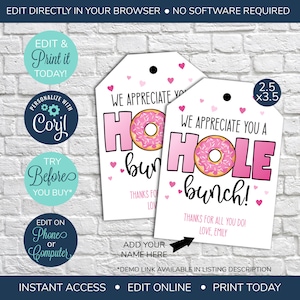 EDITABLE Donut Thank You Tags, Teacher Gift Tags, Appreciate You a Hole Bunch, Teacher Appreciation Printable, Essential Worker, Health Care