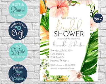 BEWERKBARE tropische bruids douche uitnodiging, bloemen uit te nodigen, bruids douche, bloemen bruids douche, bruiloft douche uitnodiging, Hawaiiaanse douche