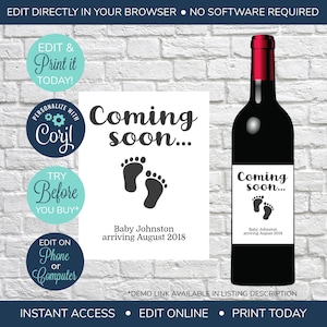 EDITABLE Pregnancy Announcement, Baby Reveal Wine Label, Coming Soon, Wine Bottle Lables, New Baby Announcement, Baby Announcement