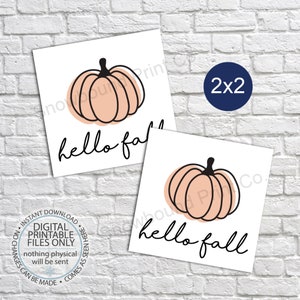 May include: Two printable 2x2 inch digital files featuring a peach-colored pumpkin with a black outline and the text "hello fall" in black cursive.