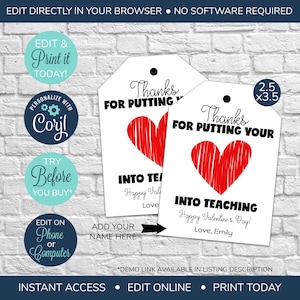 EDITABLE Gracias por poner su corazón en la enseñanza, Etiqueta de regalo para maestros de San Valentín, Etiquetas de regalo de agradecimiento para maestros, Etiqueta de agradecimiento para maestros