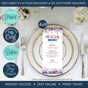 Carte de menu MODIFIABLE du 4 juillet, carte de menu de mariage, téléchargement de modèle de menu, cartes de menu de mariage, carte de modèle de menu de dîner, menu patriotique