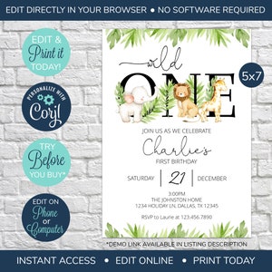 EDITABLE Wild One First Birthday Invitation, Junge Birthday Invitation, Wild One Birthday Invitation, Jungle Birthday, Jungle Invitation