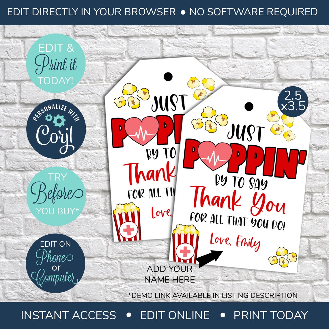EDITABLE Popcorn Appreciation Gift Tag Hospital Staff Etsy