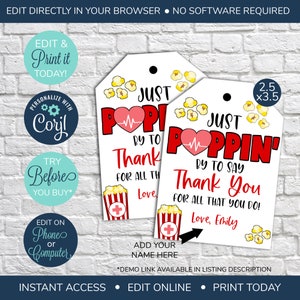 EDITABLE Popcorn Appreciation Gift Tag, Hospital Staff Employee, Nurse Appreciation Week Gift, Appreciation Tag, Health Care Worker, Nurse