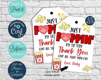 EDITABLE Popcorn Appreciation Gift Tag, Hospital Staff Employee, Nurse Appreciation Week Gift, Appreciation Tag, Health Care Worker, Nurse