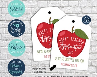 EDITABLE Teacher Appreciation Week Gift Tag, Apple Thank You Tag template, student school Printable, PTO PTA tag, Printable teacher tag
