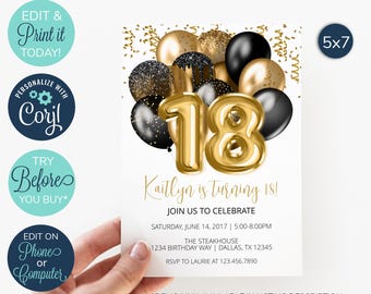 May include: A printable 5x7 inch invitation for an 18th birthday party. The invitation features gold and black balloons with gold glitter confetti. The text on the invitation reads "Kaitlyn is turning 18! Join us to celebrate." The invitation also includes the date, time, location, and RSVP information.