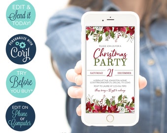 May include: Editable Christmas party invitation template on a smartphone screen. The invitation features a red and green floral design with the text "Please join us for a Christmas Party" and the date "Saturday, December 21".