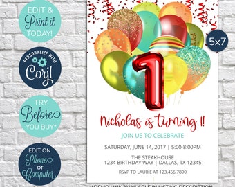 EDITABLE 1st Birthday Invitation, Balloon Birthday Party Invitation, Boy Birthday Invitation, Red, Primary Colors, Balloon Invite, First