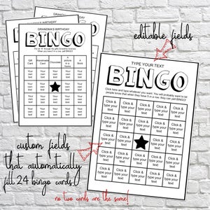 Bingo Cards, Custom Bingo Cards, type your own text cards fill automatically, 24 unique bingo cards, bingo game, printable custom bingo game