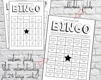 Bingo Cards, Custom Bingo Cards, type your own text cards fill automatically, 24 unique bingo cards, bingo game, printable custom bingo game