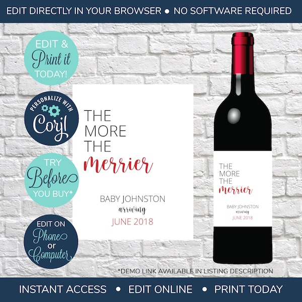 EDITABLE Christmas Pregnancy Announcement Wine Label, The More the Merrier, Wine Bottle Lables, Baby Announcement Wine Label, Holiday