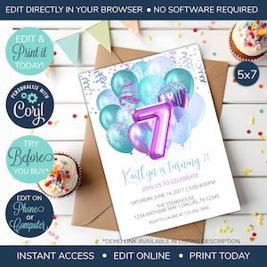 EDITABLE 7th Birthday Invitation, Purple and Aqua 7th Invitation, Seven Birthday Party, Seventh Birthday Invite, Balloons Invitation