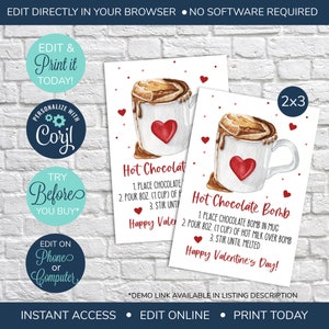 EDITABLE Hot Chocolate Bomb Tag, Valentine&#39;s Day Hot Cocoa Bomb Tag, You&#39;re The Bomb Tag, Instructions Valentine Gift Tag, Valentine Tag