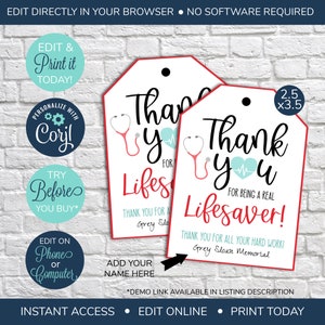 May include: Two printable gift tags with a red border and a stethoscope and heart graphic. The text on the tags reads "Thank you for being a real Lifesaver!" and "Thank you for all your hard work! Grey Sloan Memorial".