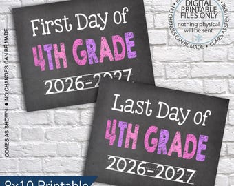 Imprimible del primer y último día de cuarto grado 2026-2027, Imprimible del primer día de clases, Imagen del primer día, Letrero de pizarra, Letrero del último día
