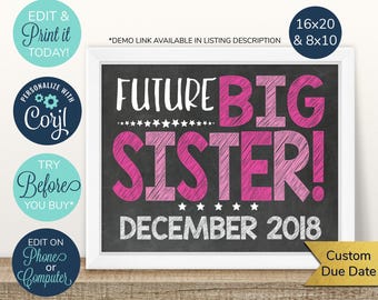 Op de afbeelding: Afdrukbaar bord in krijtbord-stijl dat de komst van een nieuwe baby aankondigt. Het bord is roze en wit met de tekst "Future Big Sister!" en "December 2018".