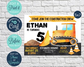 EDITABLE Construction Birthday, Construction Party Invitation, Construction Birthday, Bulldozer party, Boys Birthday, Birthday Invite