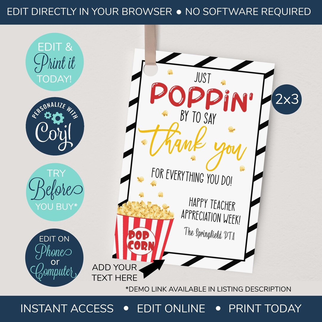 EDITABLE Popcorn Appreciation Gift Tag, Teacher Staff Employee School ...