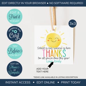 EDITABLE Sunshine Teacher Thank You Gift Tag, School Is Out Summer Is Here, End of School Teacher Appreciation, Teacher Gift Tag, Summer Tag