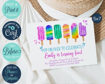 Invitaciones de cumpleaños de paletas editables, invitación para fiesta de cumpleaños, invitación para celebrar, invitación para fiesta de verano, fiesta de paletas