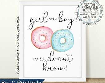 Afdrukbare donut geslacht onthullen teken, meisje of jongen teken, jongen of meisje teken, we donut weten teken, geslacht onthullen teken, donut baby shower