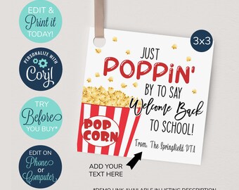 EDITABLE Popcorn Welcome Back Gift Tag, Back to School Teacher Staff Employee School Appreciation Gift, Appreciation Tag, Poppin By to Say