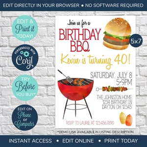 EDITABLE Barbecue Birthday Invitation, Summer Birthday Invite, Adult Birthday, Kid&#39;s Birthday, Backyard BBQ Birthday, Birthday BBQ