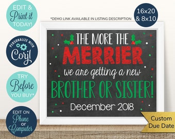 EDITABLE Christmas Pregnancy Announcement, More the Merrier, Sibling Announcement, Baby Number 3, Big Brother, Big Sister, 3rd Pregnancy