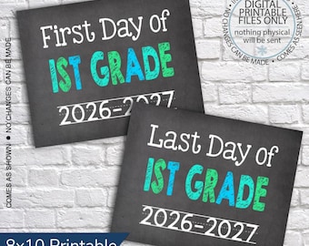 Imprimible del primer y último día de primer grado 2026-2027, Imprimible del primer día de clases, Imagen del primer día, Letrero de pizarra, Letrero del último día