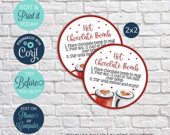 Etiqueta de bomba de chocolate caliente EDITABLE, Etiqueta de bomba de cacao caliente del Día de San Valentín, Etiqueta de bomba de Eres la etiqueta de regalo de San Valentín con instrucciones, Etiqueta de San Valentín