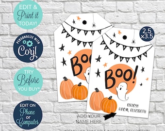May include: Two white Halloween gift tags with orange pumpkins, stars, and the word "Boo!" in an orange circle. The tags have a banner that says "Happy Halloween". The tags measure 2.5 x 3.5 inches. Text on the tags includes "Enjoy! From, Elizabeth".