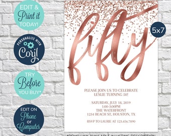 EDITABLE Rose Gold 50th Birthday Invitation, Elegant 50th Invitation, Surprise Birthday Party, 50th Birthday Invite, Female, Adult Birthday