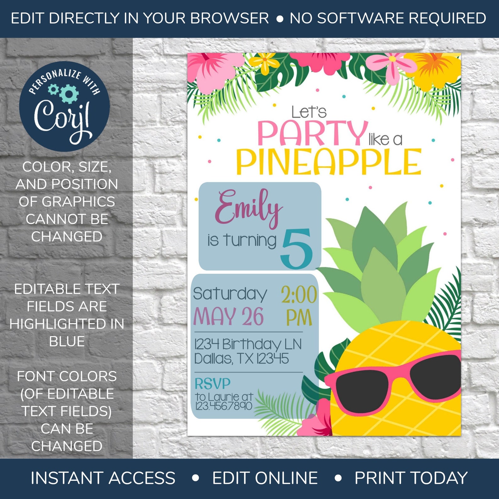 EDITABLE Pineapple Birthday Invitation Party Like a | Etsy